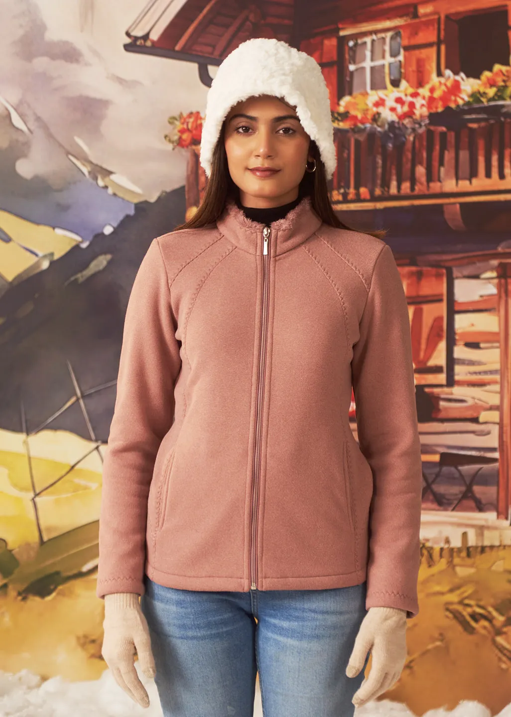 Aamna Smokey Salmon Pink Monochrome Acrylic Jacket for Women