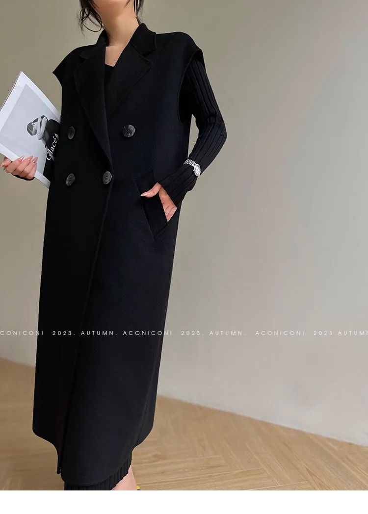 Aconiconi High End Double Breasted Sleeveless Long Straight Wool Coat- Winnie