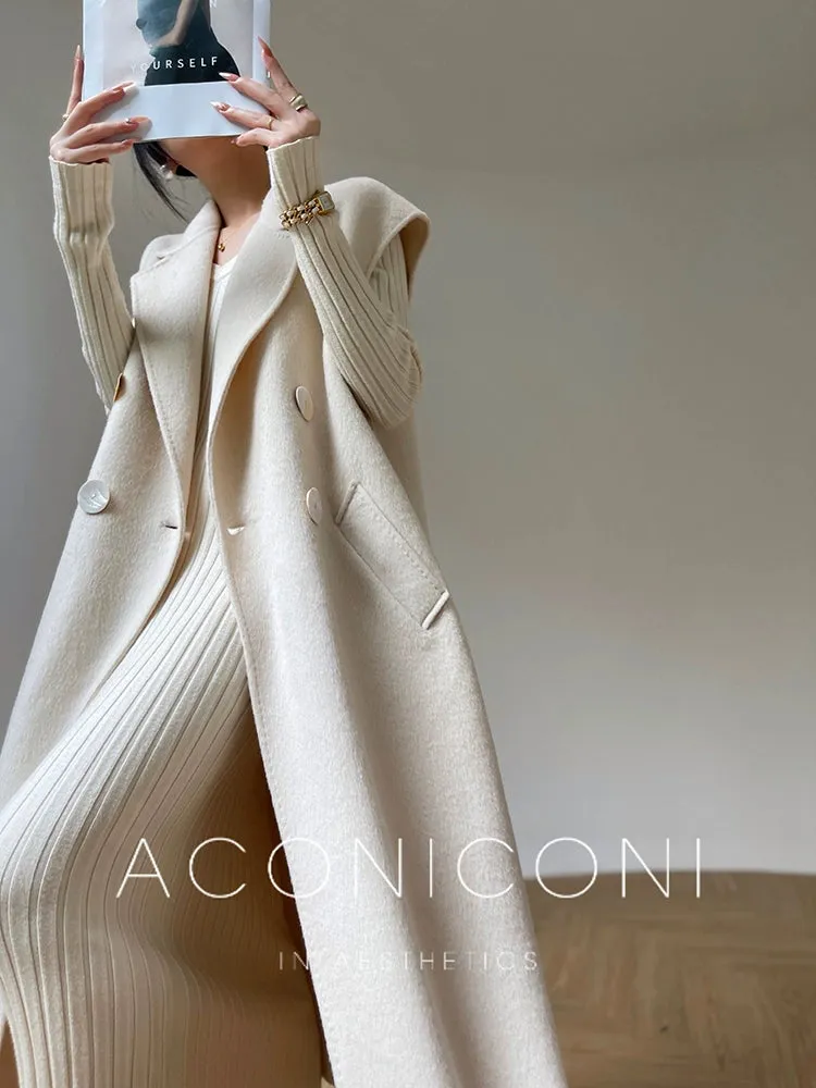 Aconiconi High End Double Breasted Sleeveless Long Straight Wool Coat- Winnie