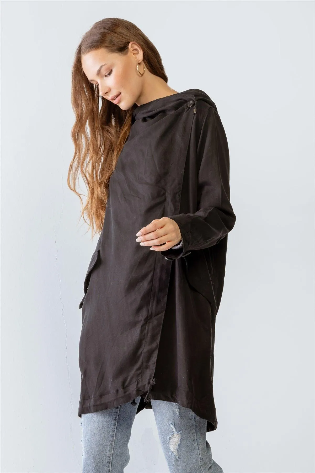 Asymmetrical Draped Wide Lapel Collar Hooded Jacket