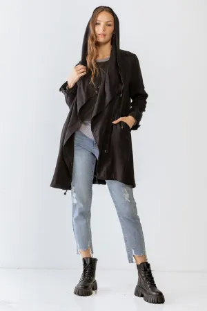 Asymmetrical Draped Wide Lapel Collar Hooded Jacket