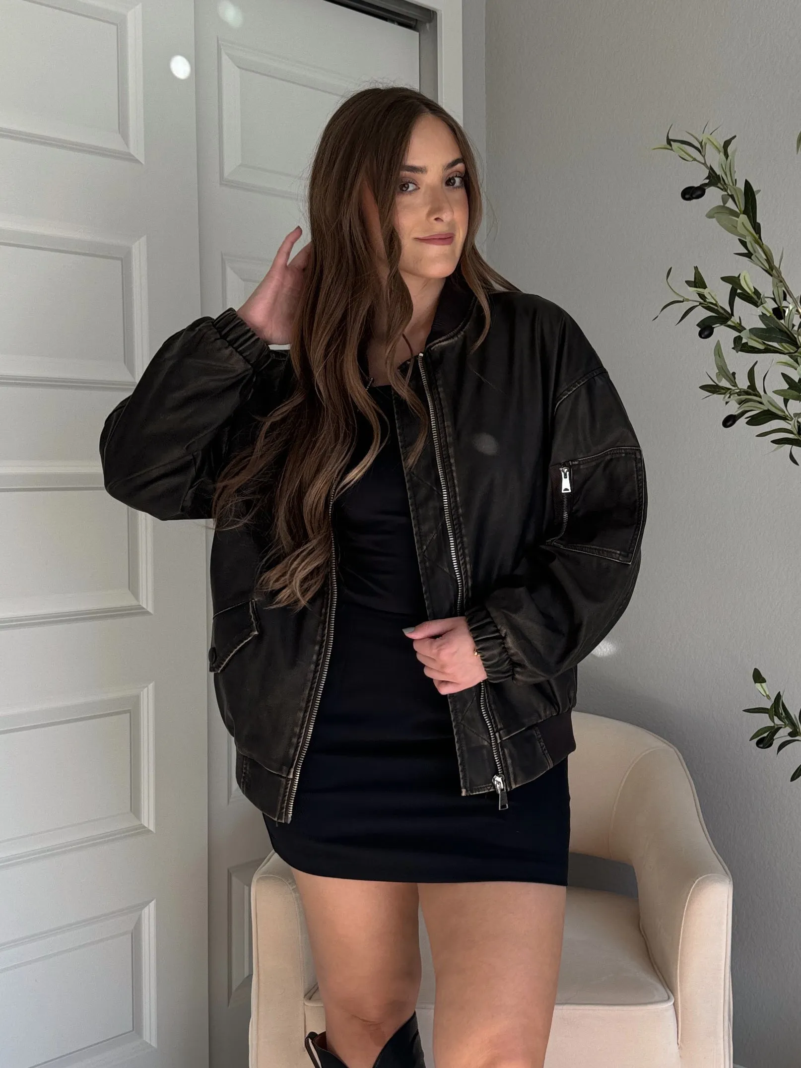 Baldwin Oversized Vegan Leather Bomber Jacket (Dark Brown)