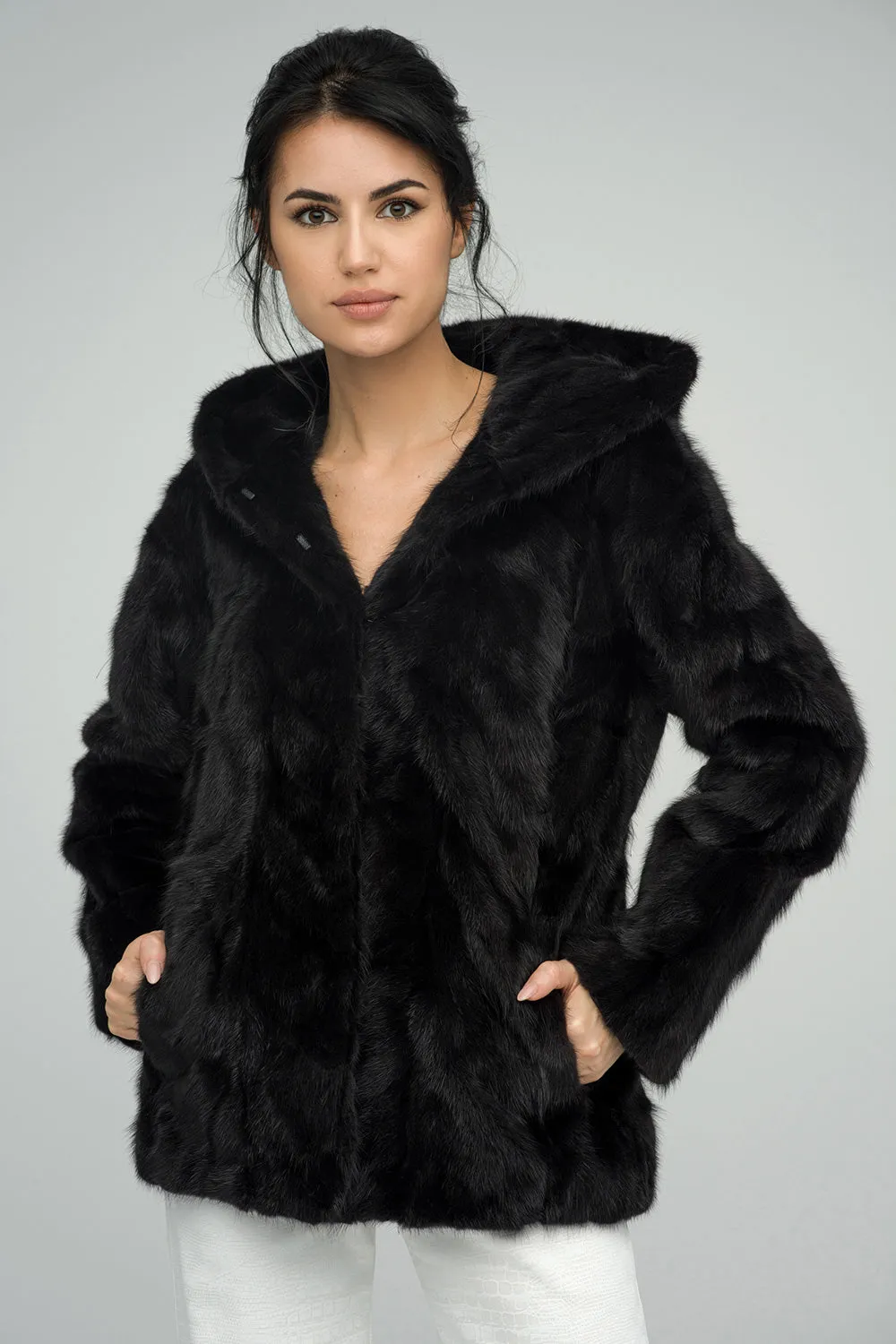 Black Genuine Hooded Mink Fur Coat