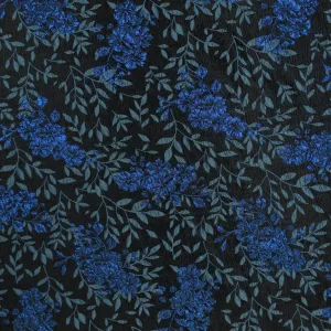 Blue Hues Floral on a Black Background Textured Brocade Fabric