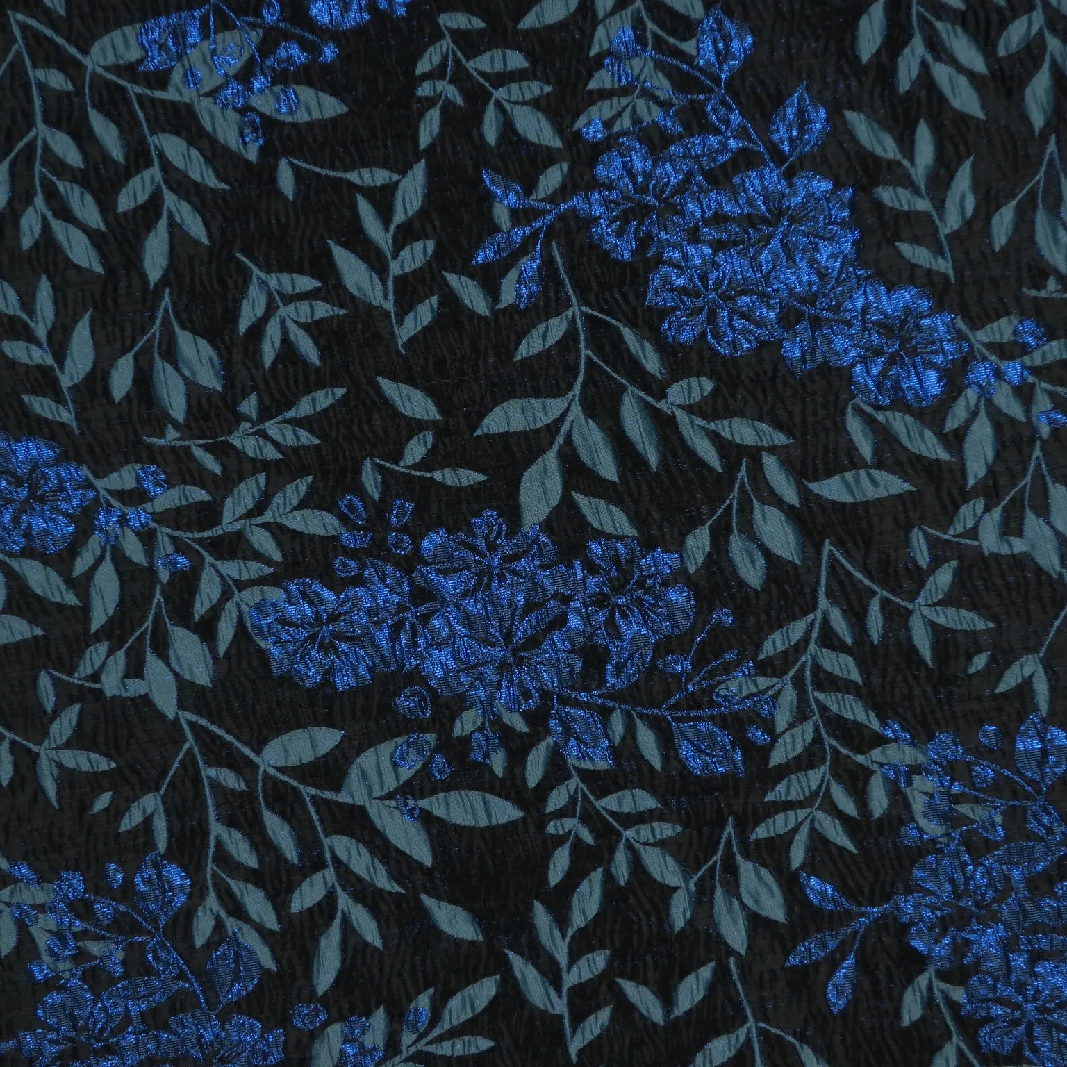 Blue Hues Floral on a Black Background Textured Brocade Fabric