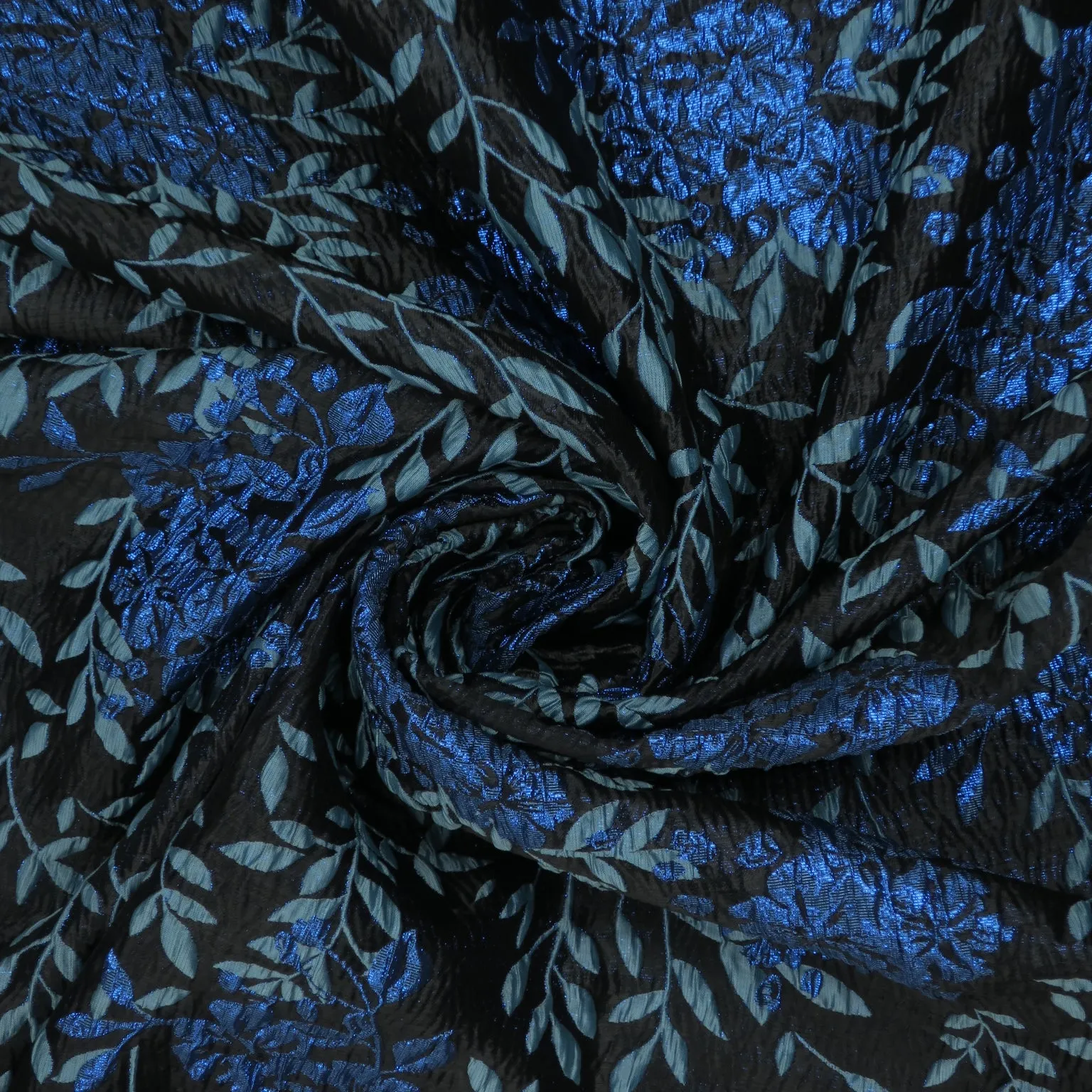 Blue Hues Floral on a Black Background Textured Brocade Fabric