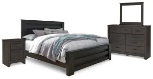 Brinxton King Panel Bed with Mirrored Dresser and Nightstand in Charcoal