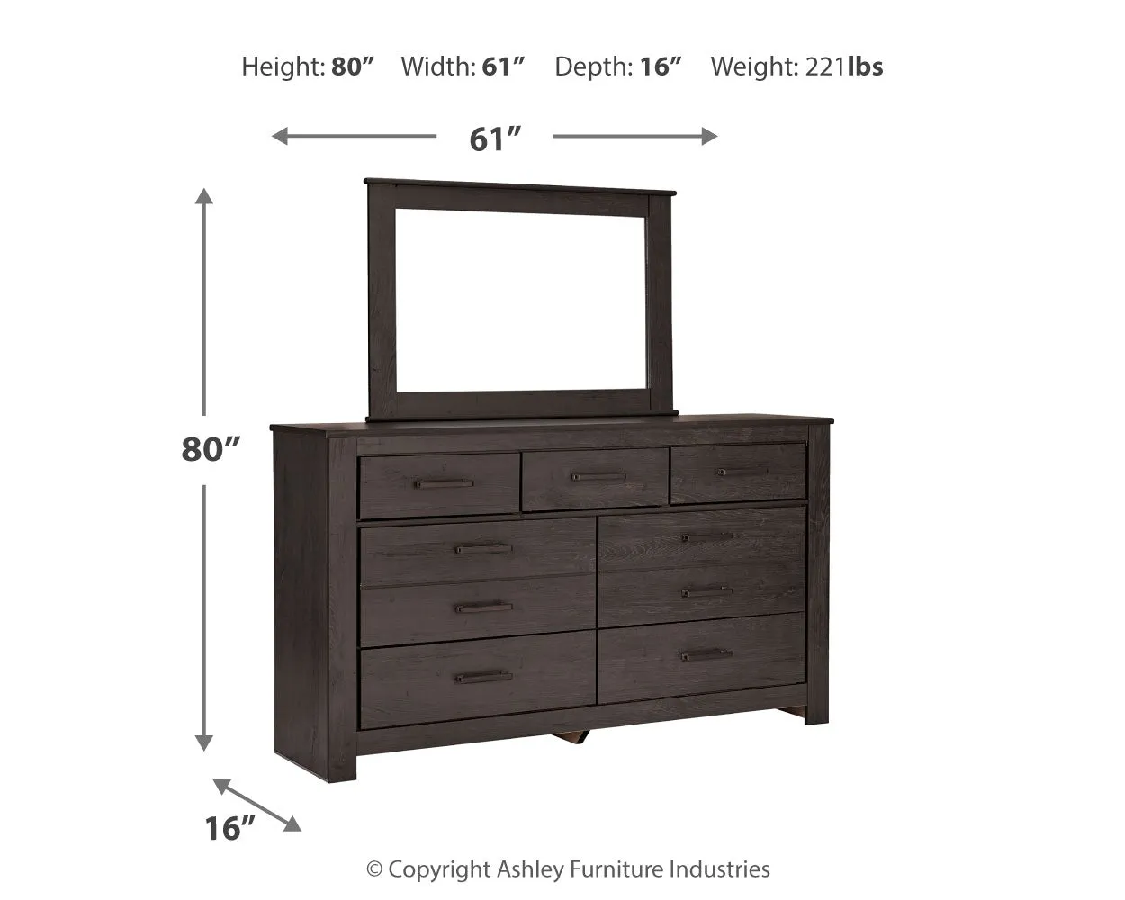 Brinxton King Panel Bed with Mirrored Dresser and Nightstand in Charcoal