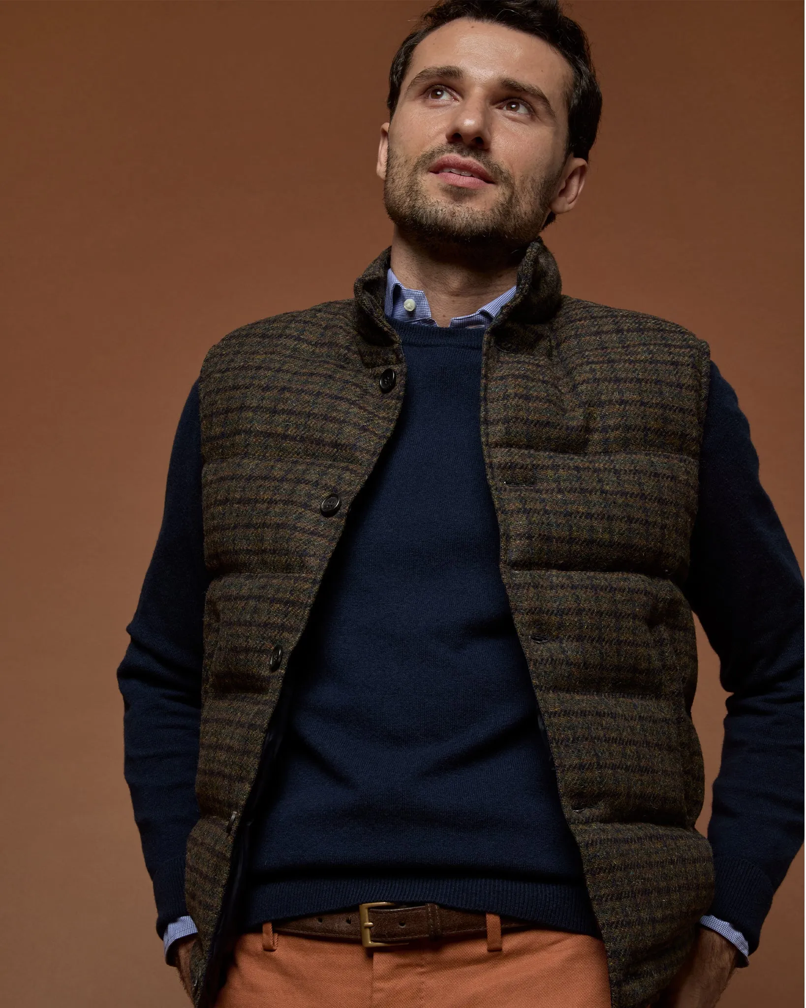 Cashball Vest in Brown/Spruce/Navy Plaid Harris Tweed