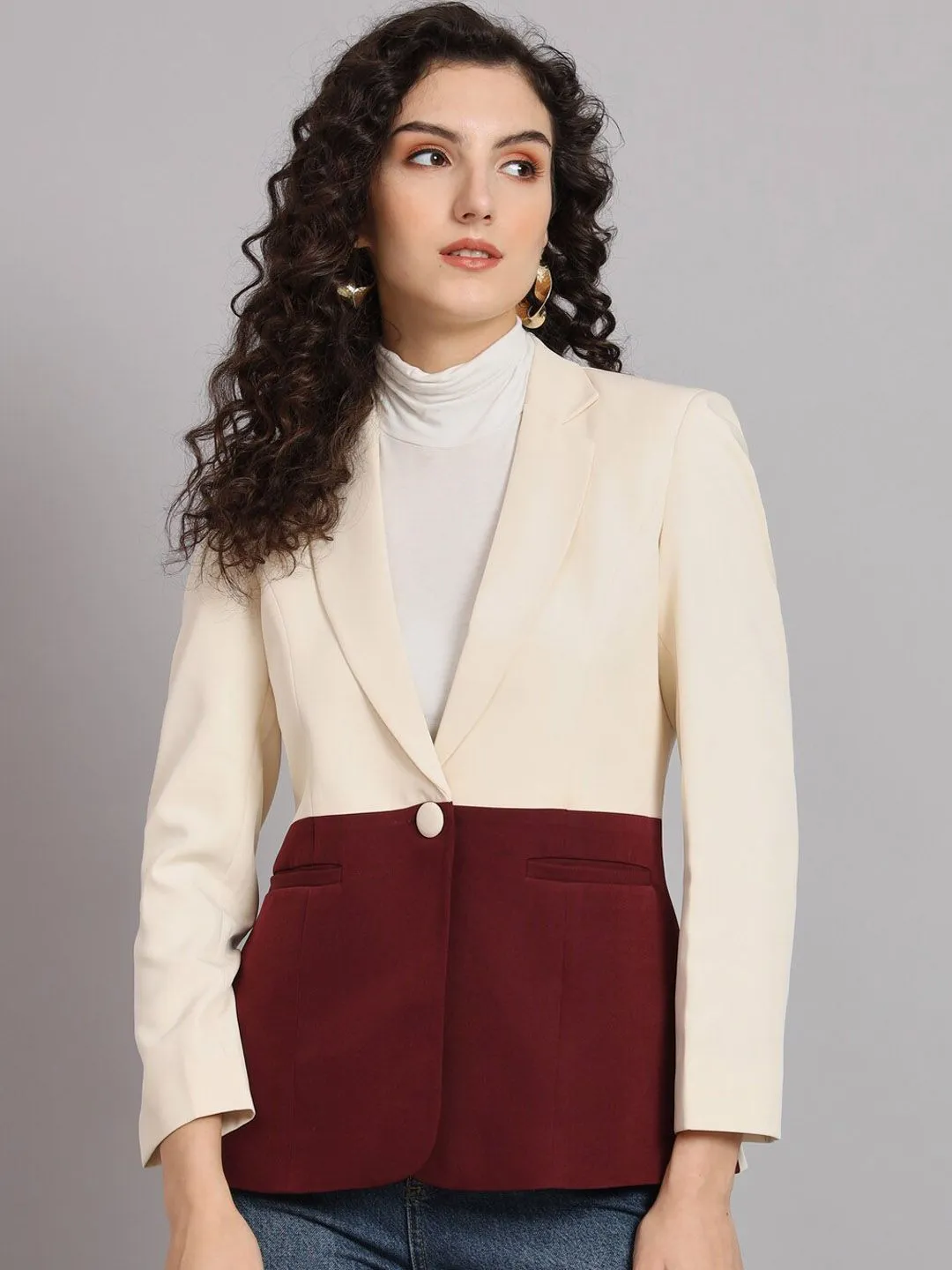 Colour Block Notch Collar Polyester Blazer - Maroon and Off White