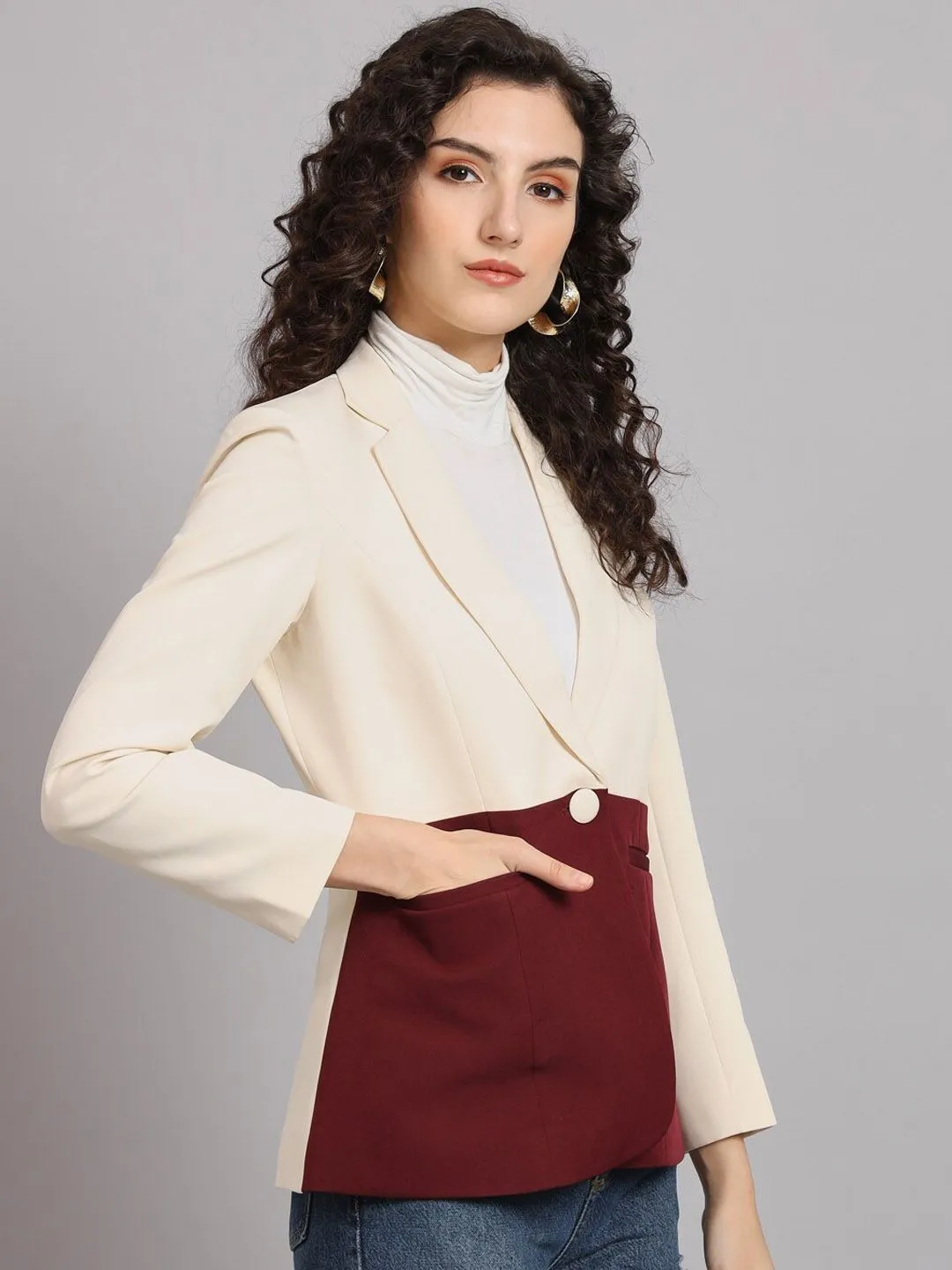 Colour Block Notch Collar Polyester Blazer - Maroon and Off White