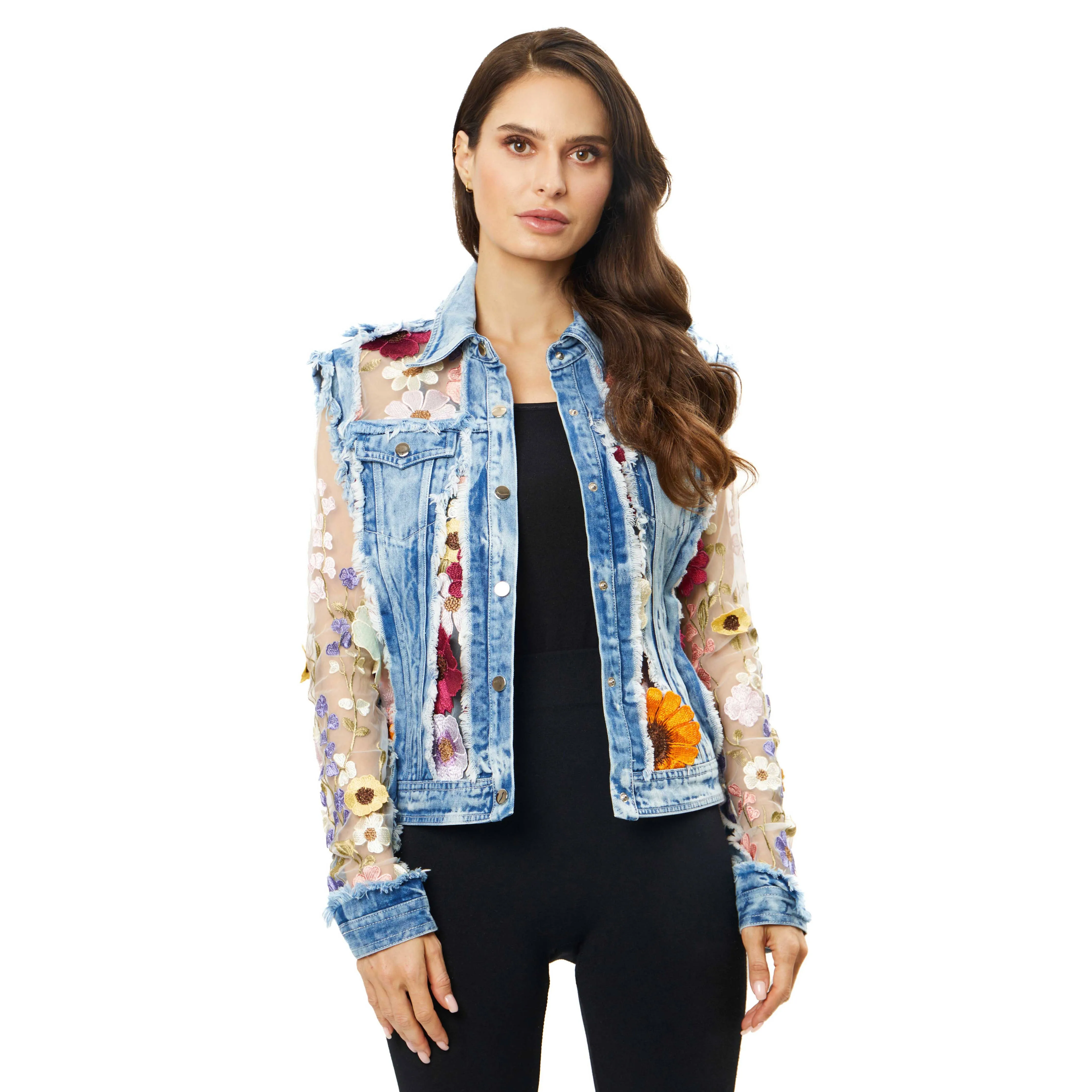 Denim Lace Jacket with Floral Embroidery