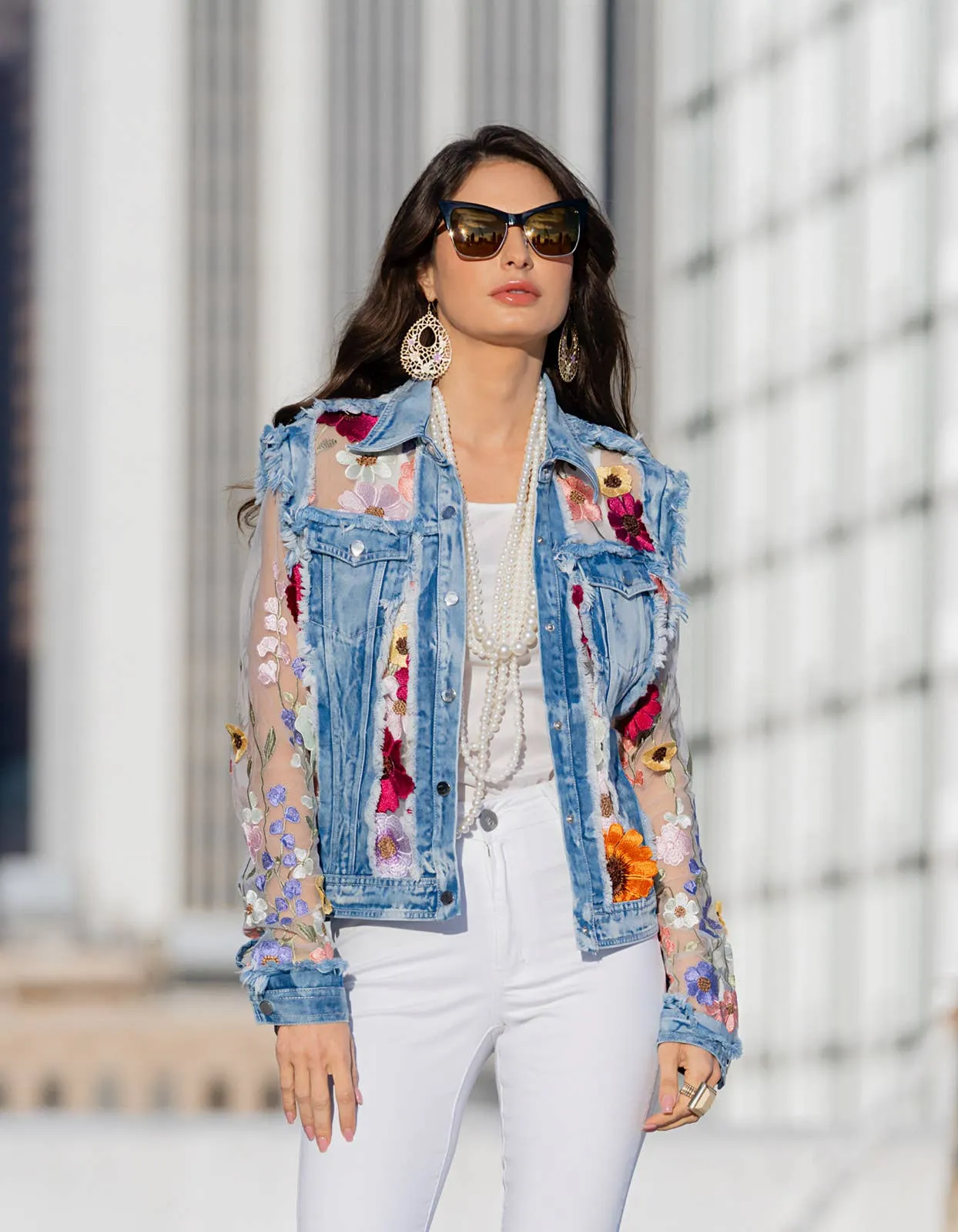 Denim Lace Jacket with Floral Embroidery