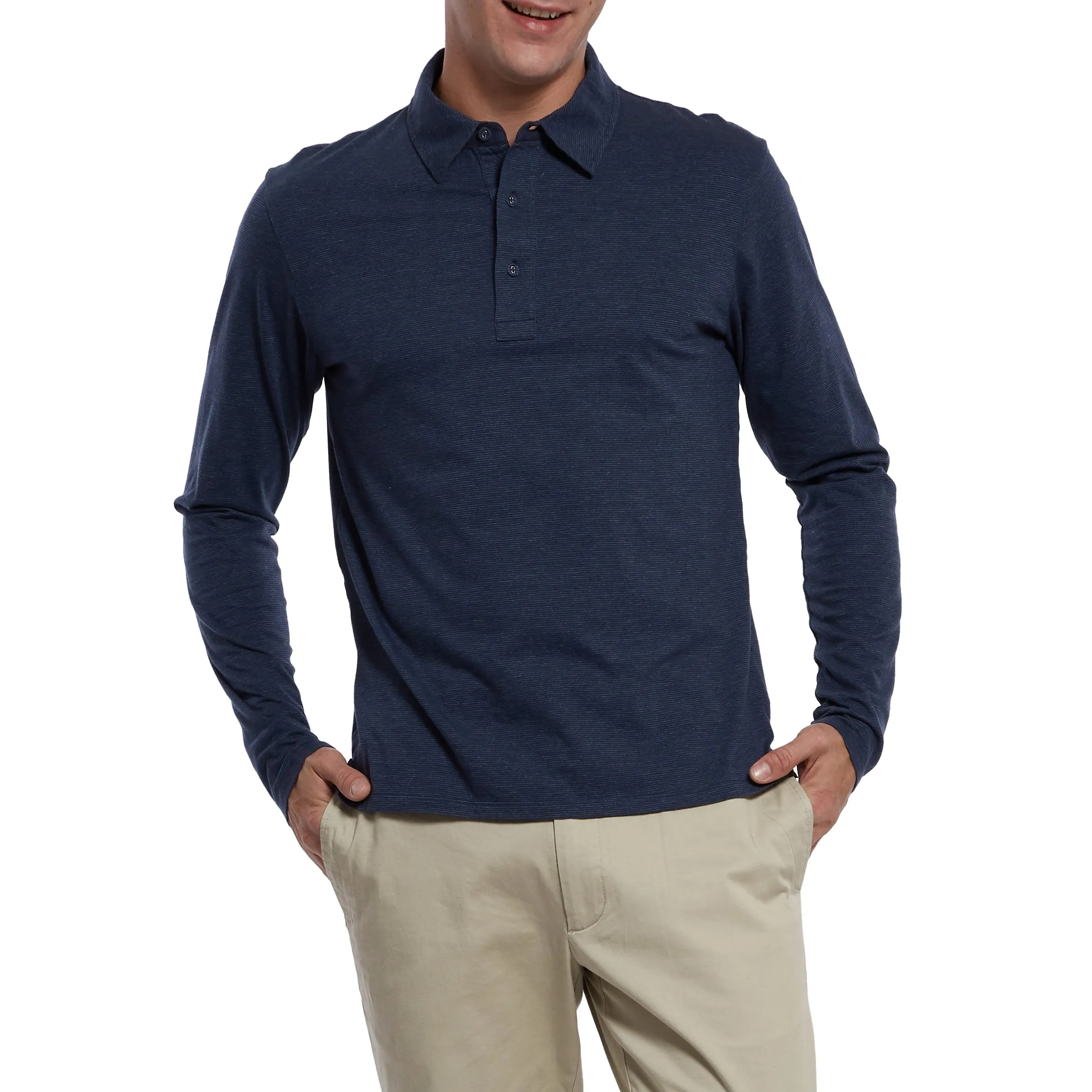 Drake Long Sleeve Micro Stripe Polo - Mood Indigo (Final Sale)