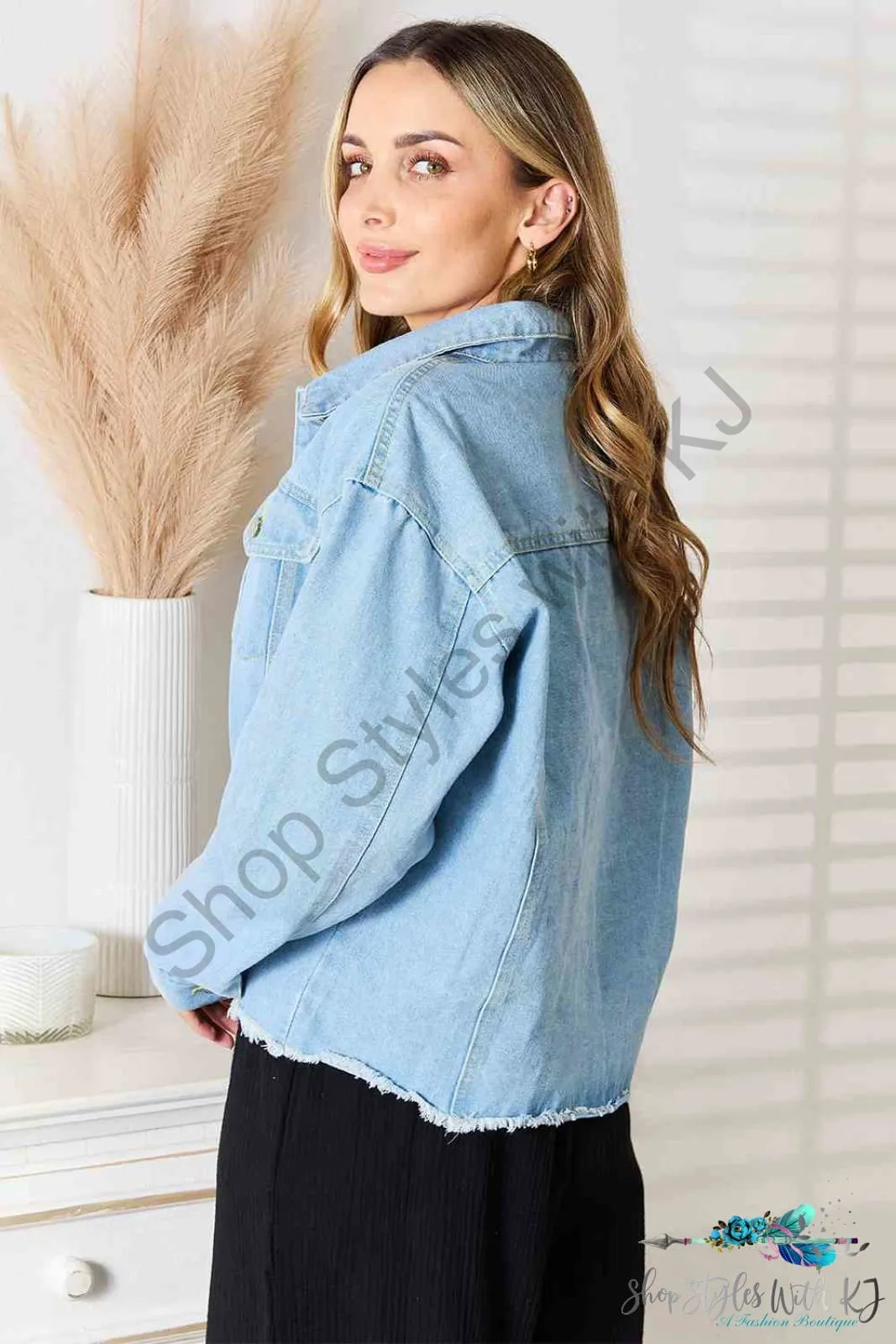 Dropped Shoulder Raw Hem Denim Jacket