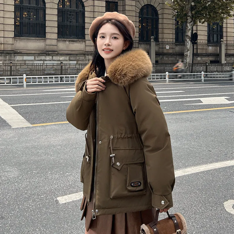 Elegant Waist Tight Short Parka with Removable Faux Fur Collar Chic Winter Essential