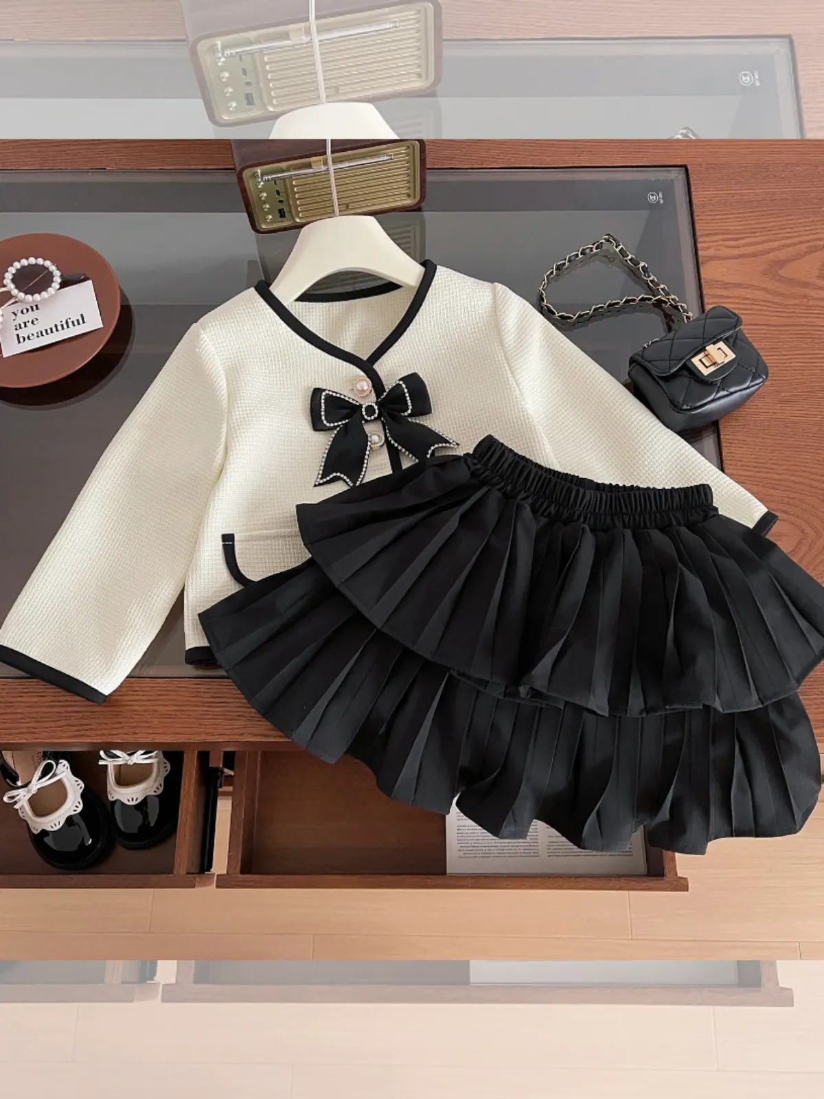 Girls Elegant Long Sleeve Bow Jacket  and Pleated Skirt Set