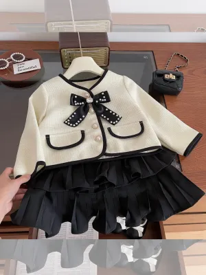 Girls Elegant Long Sleeve Bow Jacket  and Pleated Skirt Set