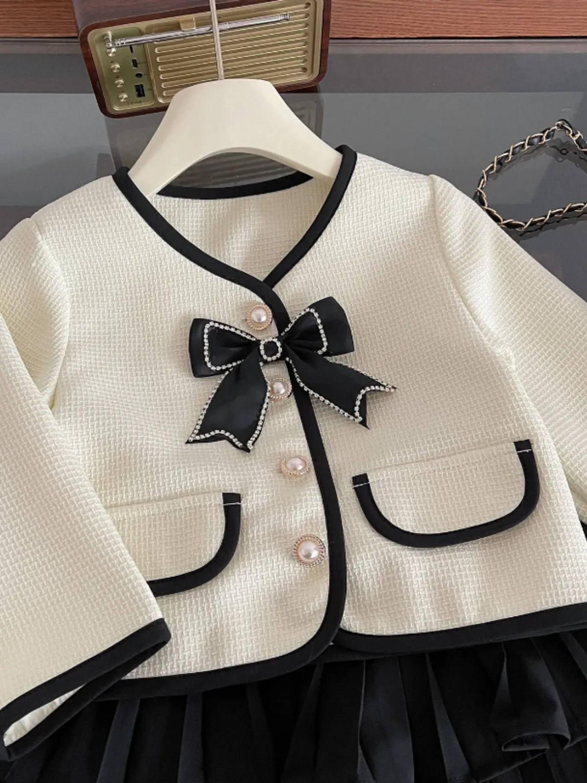 Girls Elegant Long Sleeve Bow Jacket  and Pleated Skirt Set