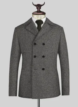 Gray Herringbone Flecks Donegal Tweed Pea Coat