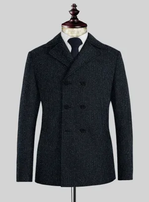 Harris Tweed Dark Blue Herringbone Pea Coat