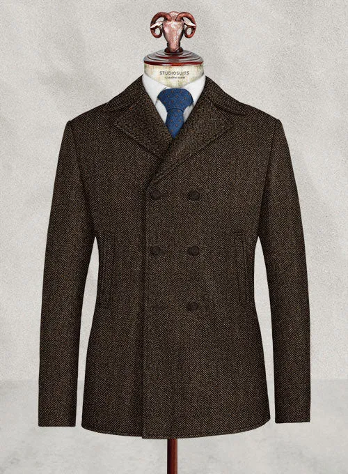 Harris Tweed Dark Brown Herringbone Pea Coat