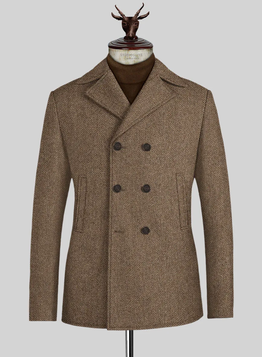 Irish Brown Herringbone Tweed Pea Coat