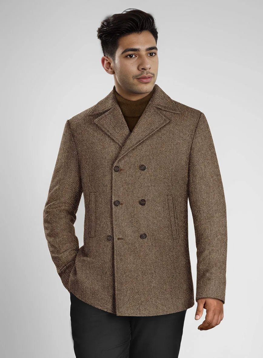 Irish Brown Herringbone Tweed Pea Coat