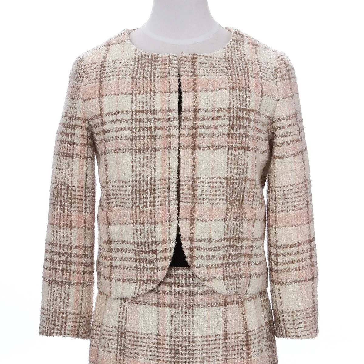 Ladies Loop Yarn Tweed Jacket Check Pattern Made in Japan (White)