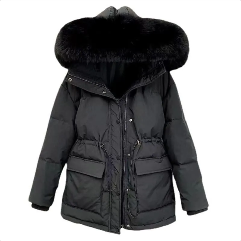 Ladies Quilted Big Fur Collar Hooded Parka Coat for Winter Style