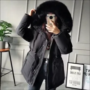 Ladies Quilted Big Fur Collar Hooded Parka Coat for Winter Style