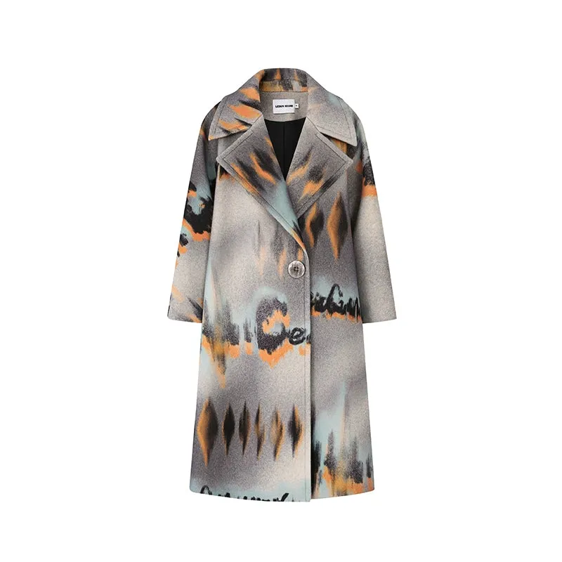 LEDI W PURE WOOL TWEED COAT FALL/WINTER PRINT SILHOUETTE LONG COAT - Haii