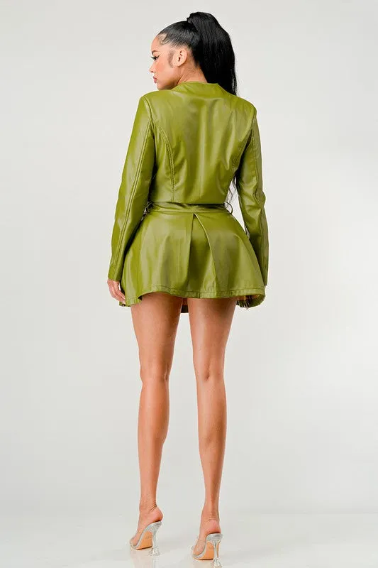 Live in Action- Patent Leather Green Skirt Set