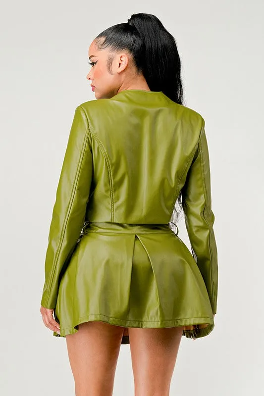 Live in Action- Patent Leather Green Skirt Set