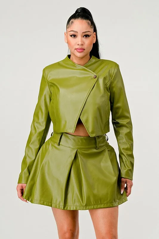 Live in Action- Patent Leather Green Skirt Set