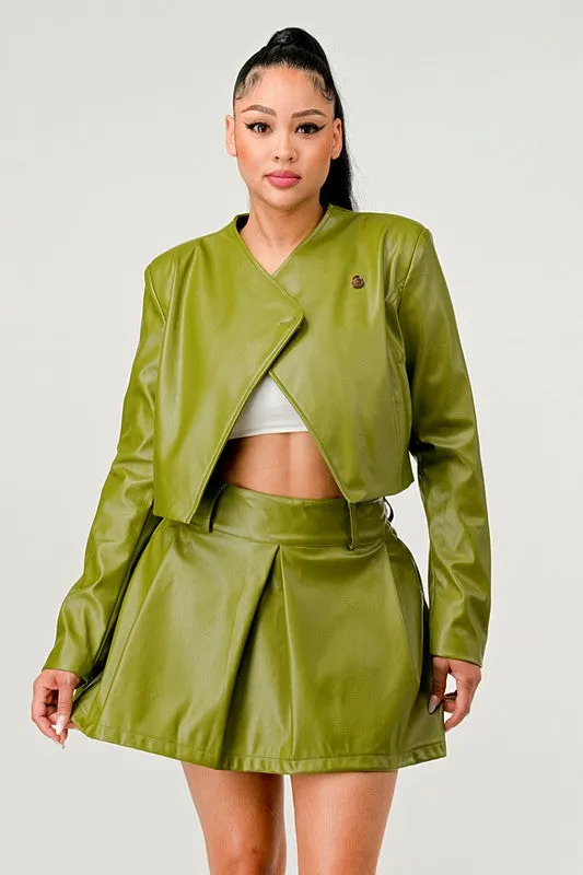 Live in Action- Patent Leather Green Skirt Set