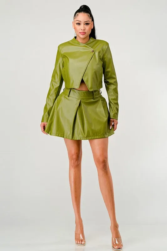 Live in Action- Patent Leather Green Skirt Set