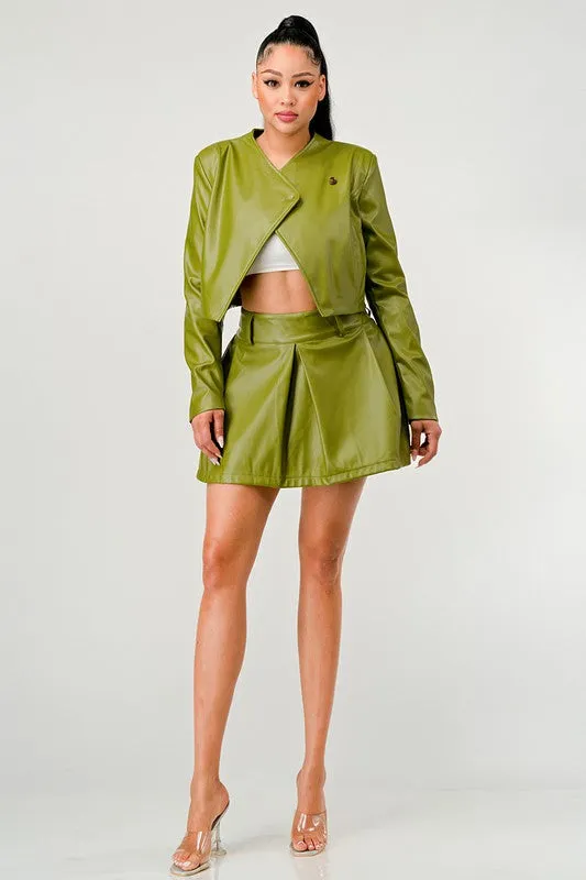 Live in Action- Patent Leather Green Skirt Set