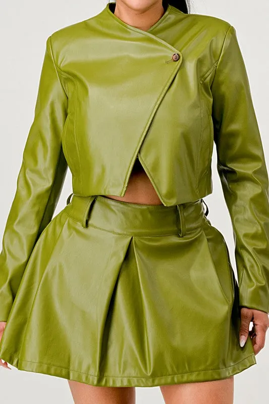 Live in Action- Patent Leather Green Skirt Set