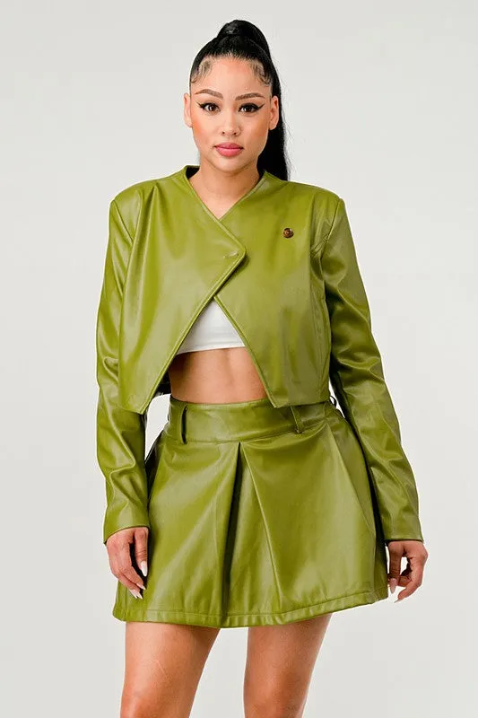 Live in Action- Patent Leather Green Skirt Set