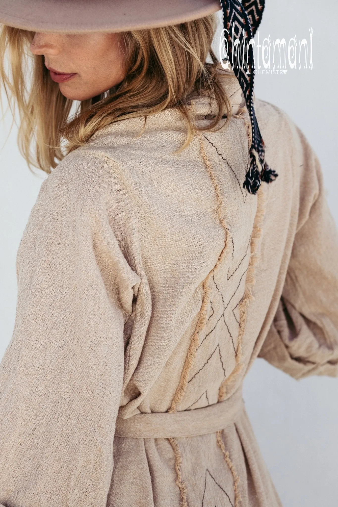 Long Fringe Kimono Wrap Cardigan for Women / Aroha Tino Beige