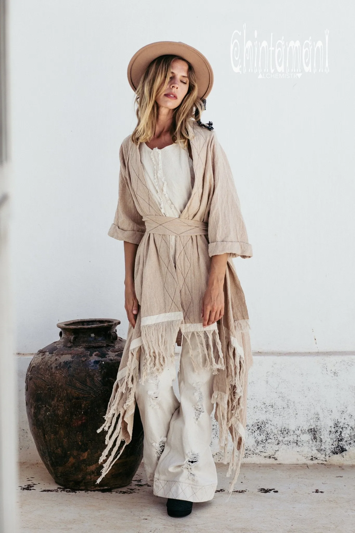 Long Fringe Kimono Wrap Cardigan for Women / Aroha Tino Beige