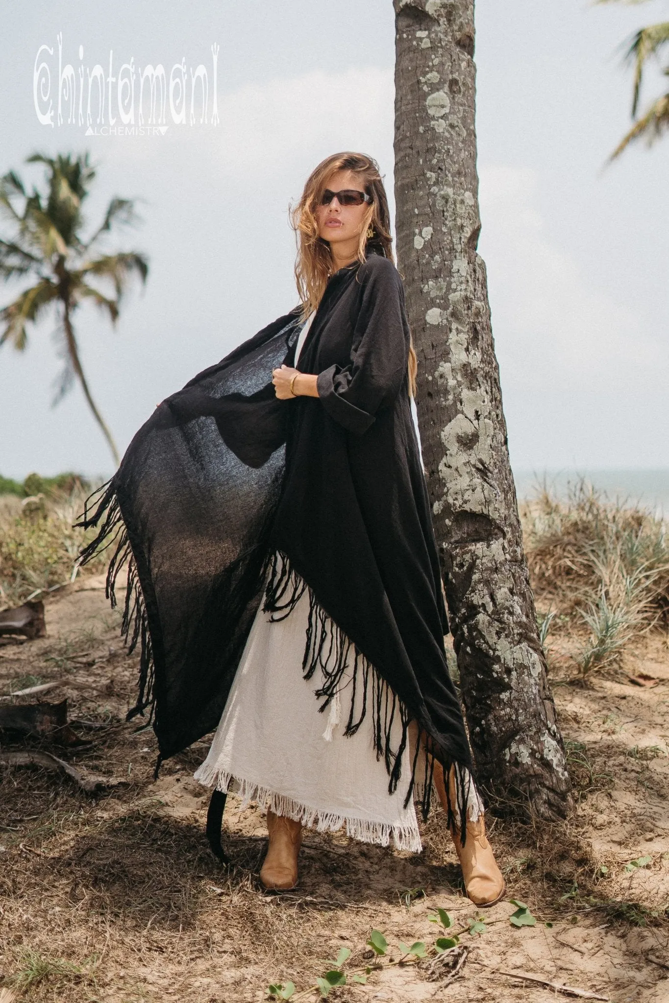 Long Fringe Kimono Wrap Cardigan for Women / Aroha Tino Black