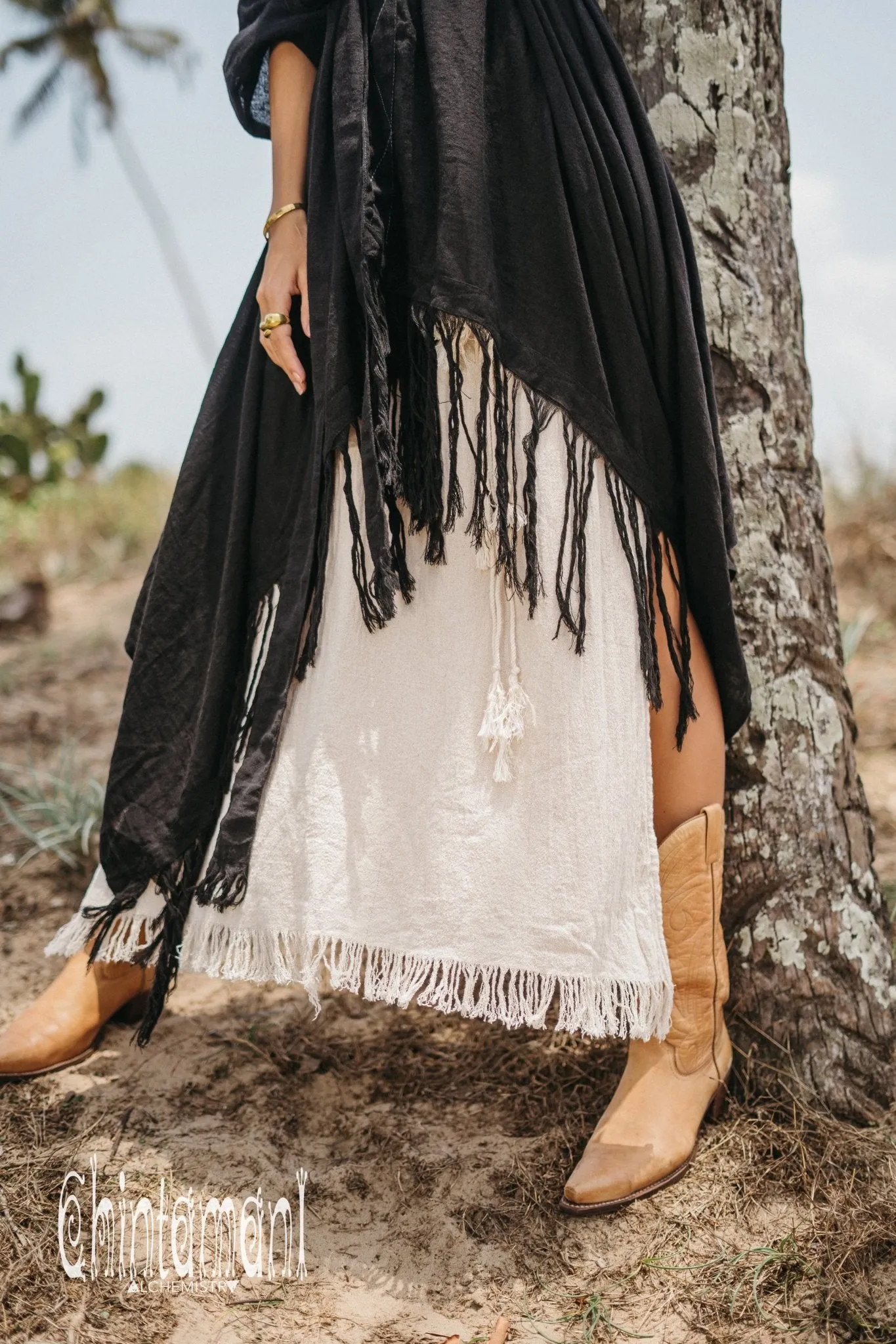 Long Fringe Kimono Wrap Cardigan for Women / Aroha Tino Black