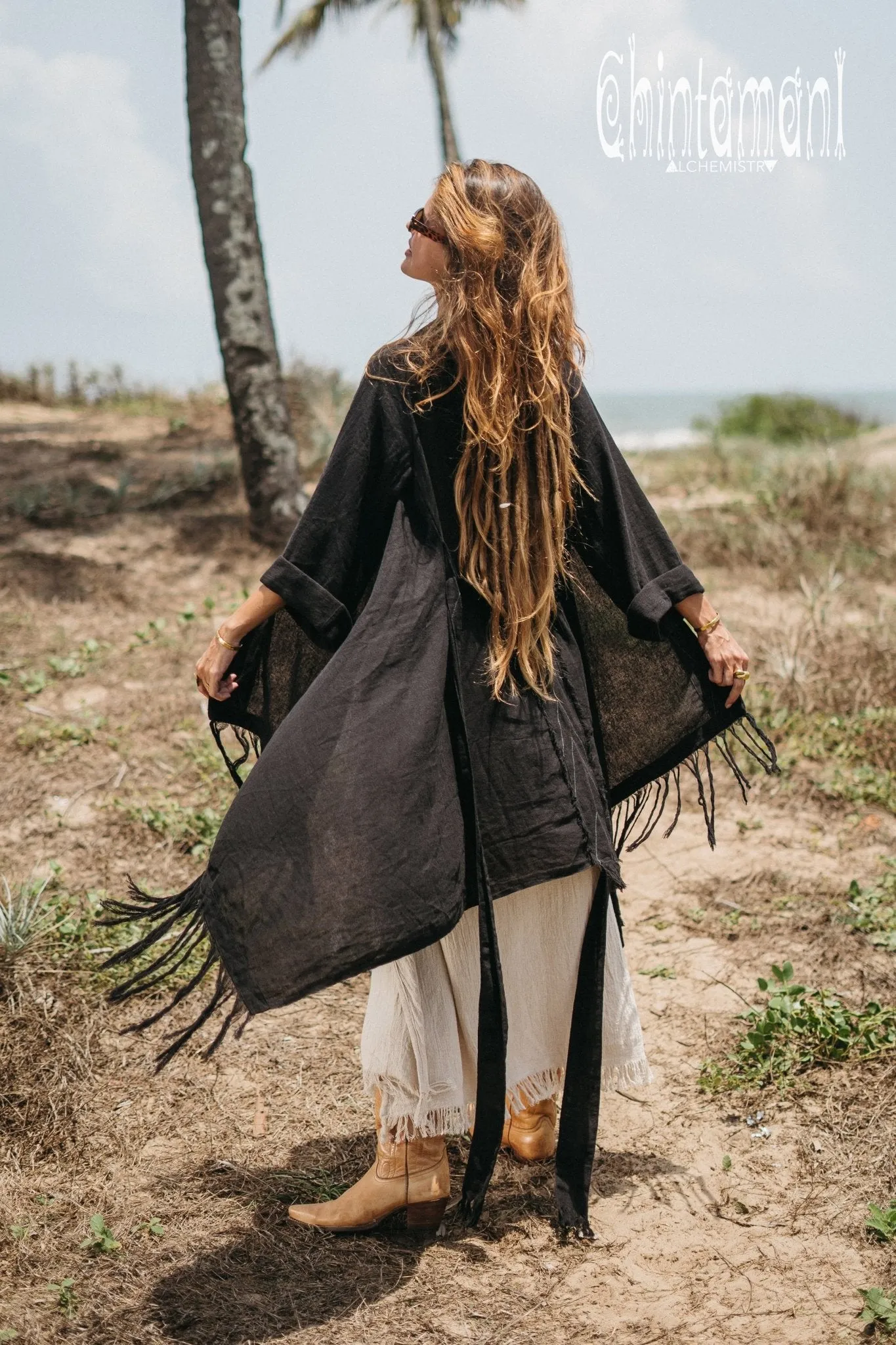 Long Fringe Kimono Wrap Cardigan for Women / Aroha Tino Black