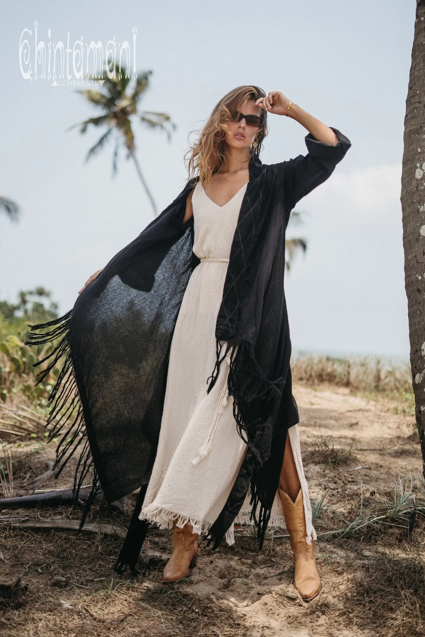 Long Fringe Kimono Wrap Cardigan for Women / Aroha Tino Black