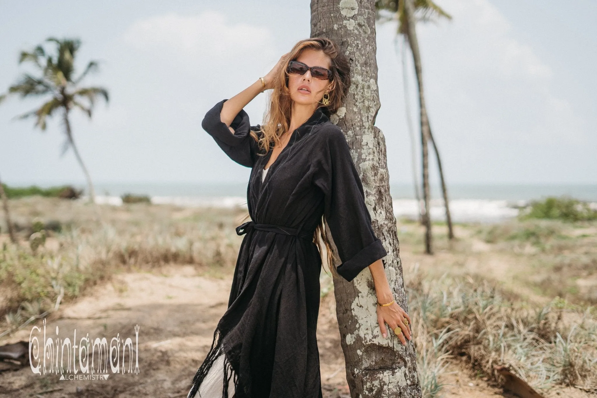 Long Fringe Kimono Wrap Cardigan for Women / Aroha Tino Black