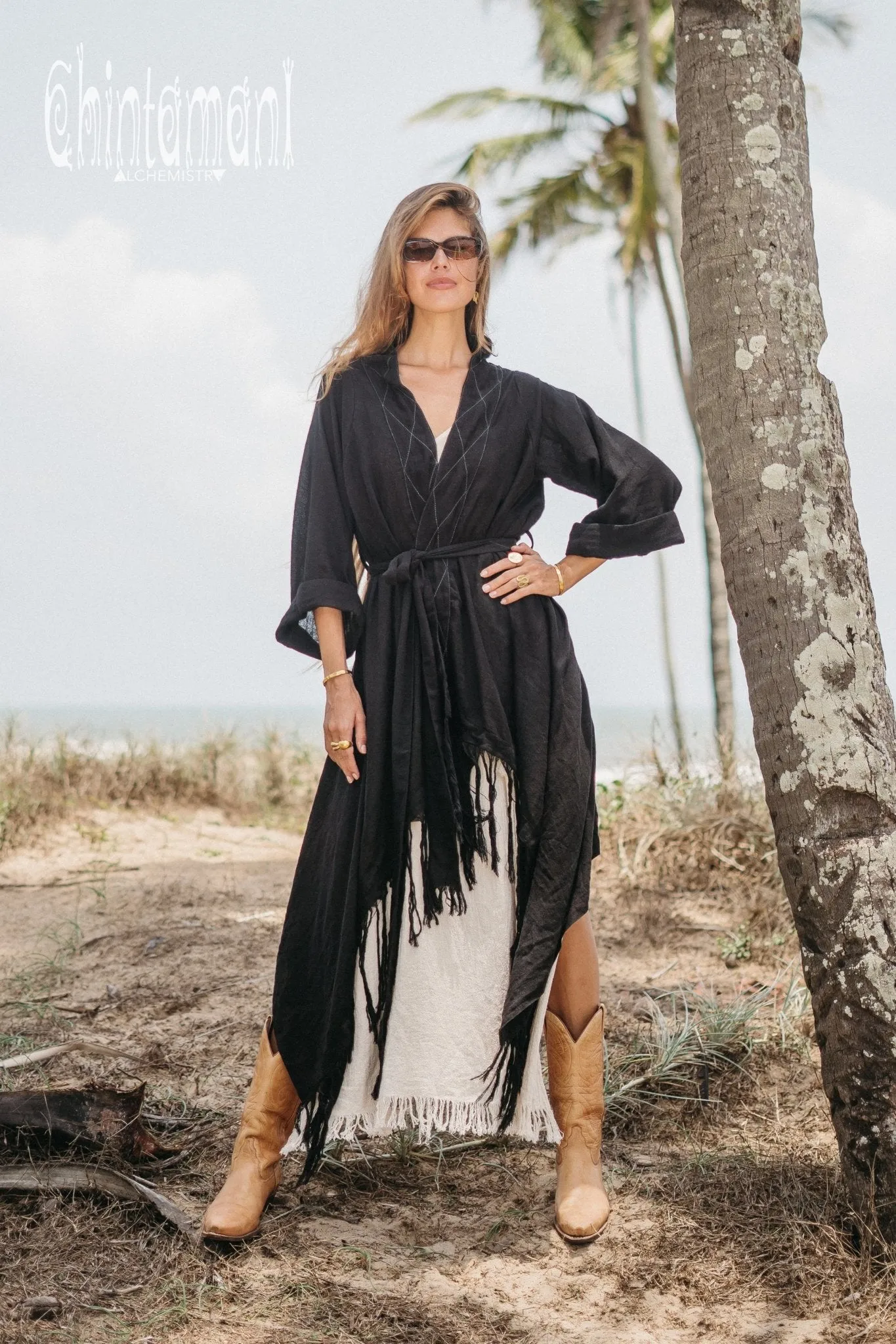 Long Fringe Kimono Wrap Cardigan for Women / Aroha Tino Black