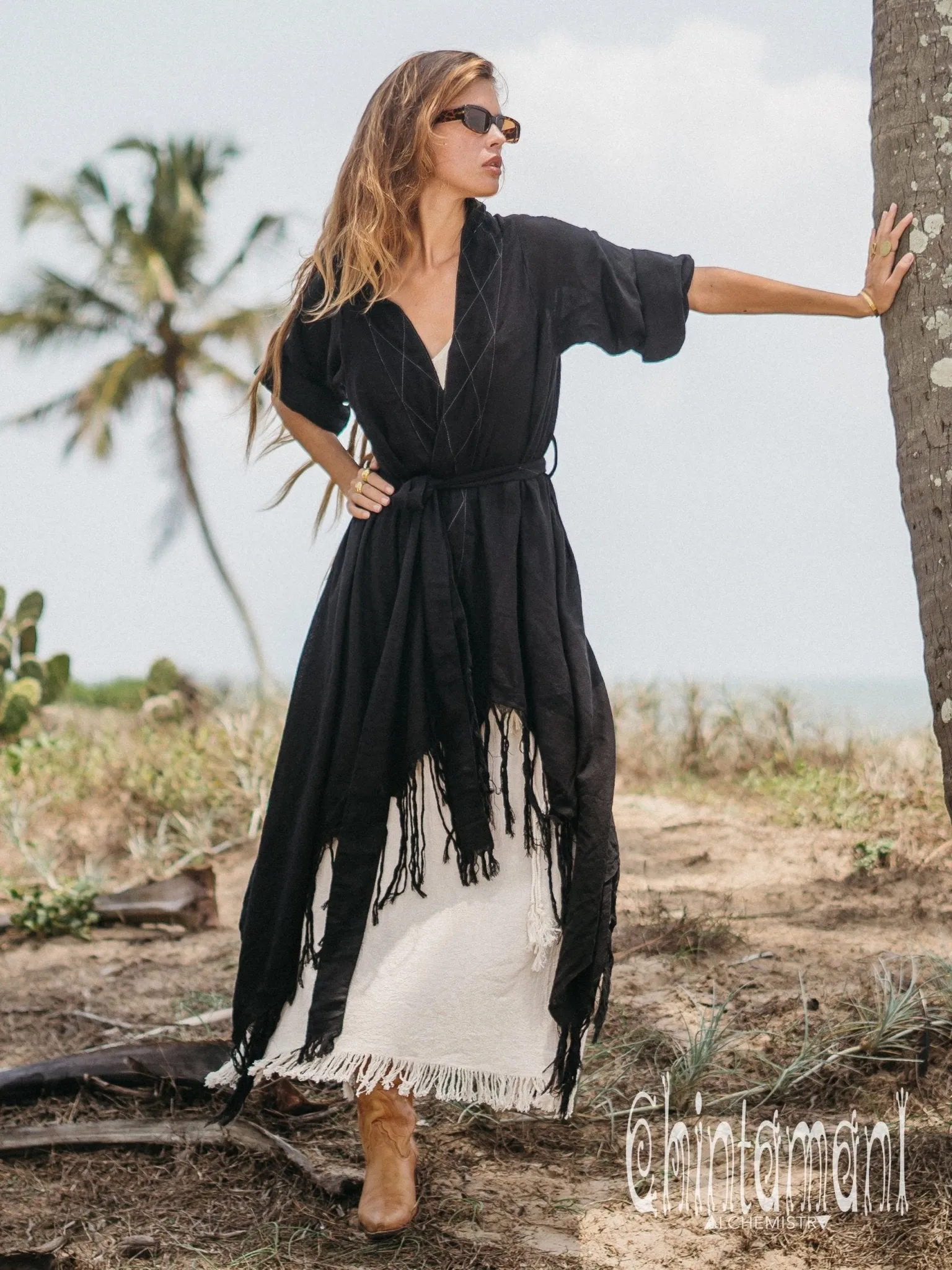 Long Fringe Kimono Wrap Cardigan for Women / Aroha Tino Black