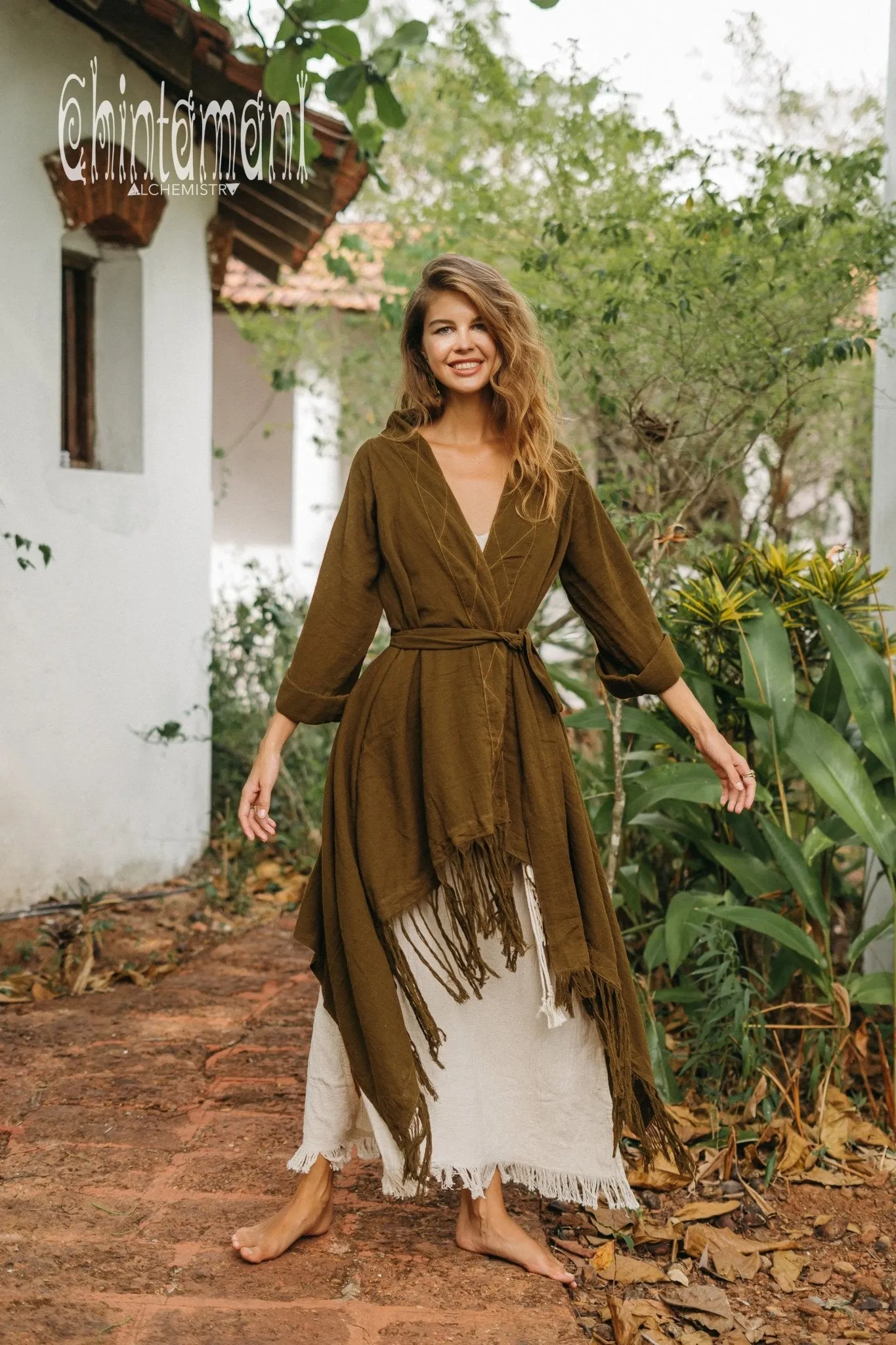 Long Fringe Kimono Wrap Cardigan for Women / Aroha Tino Brown